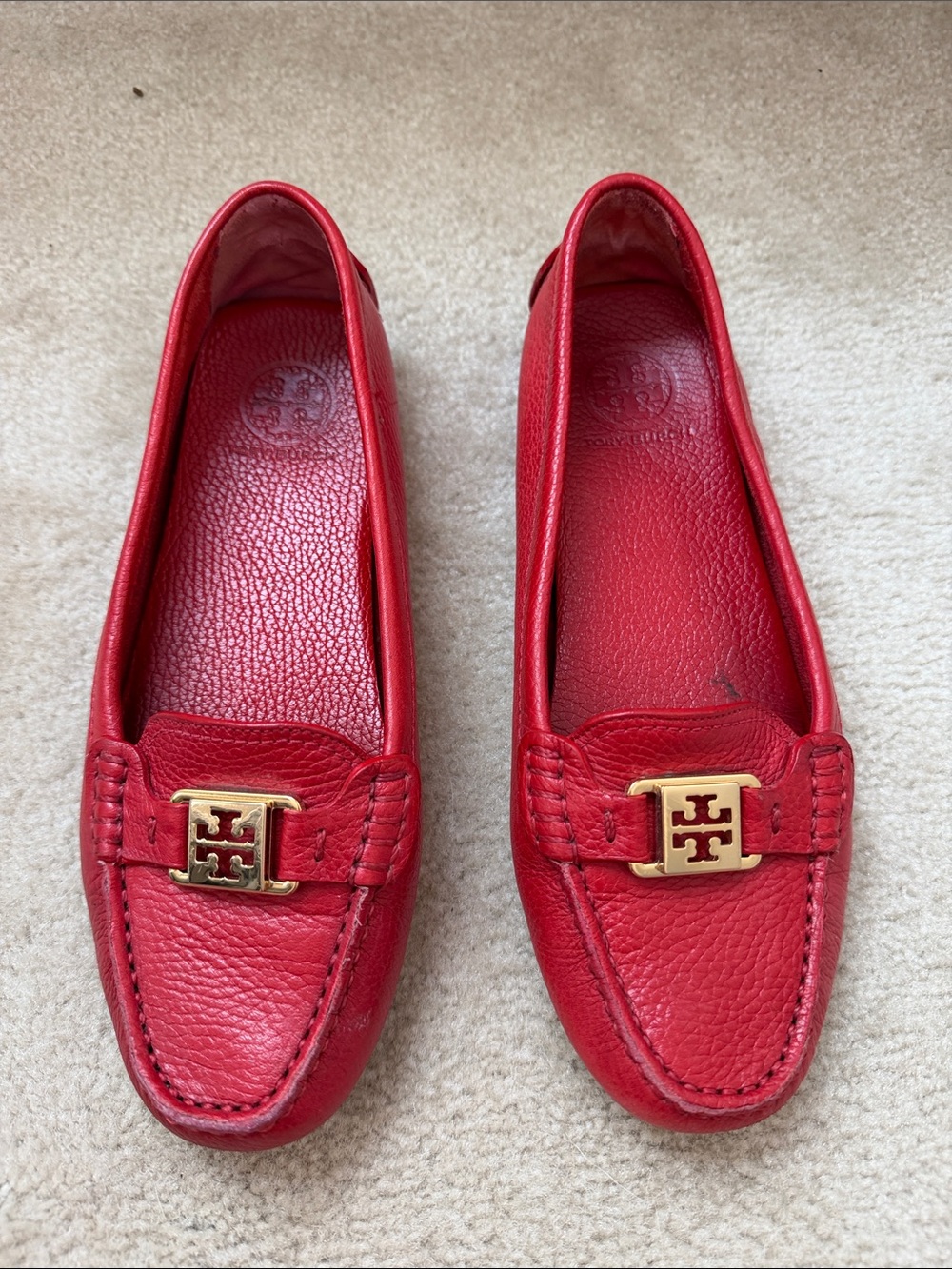 Tory Burch Red Leather Gold-Emblem Driving Loafers